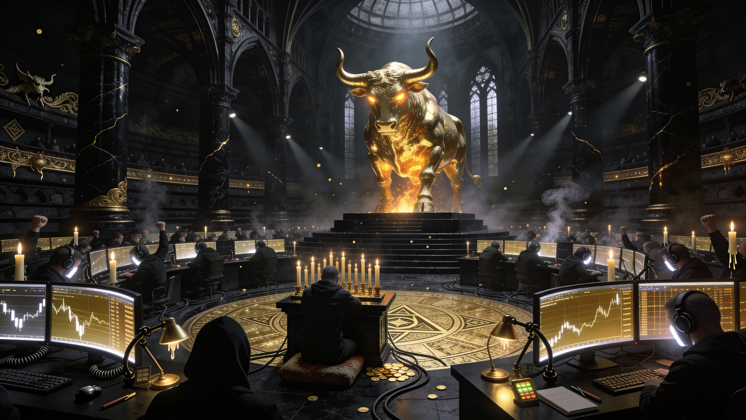 Traders compete before a golden bull idol in a vast gothic trading temple